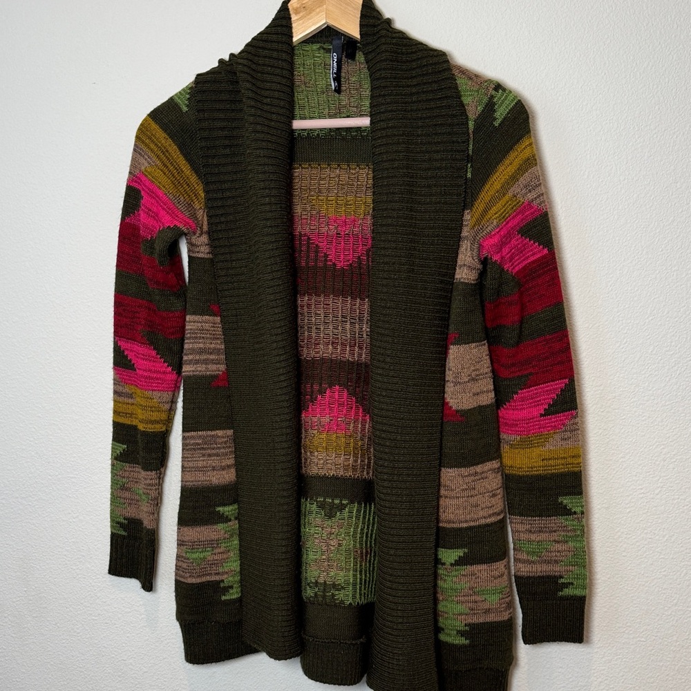 O'Neill Olive Pink Geometric Knit Cardigan Sweater Shawl Collar XS